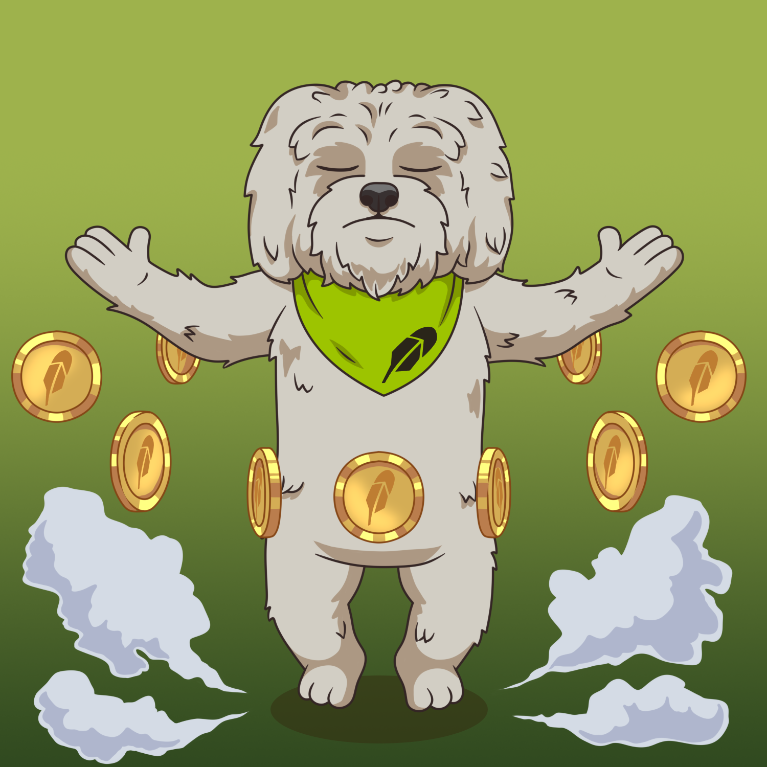 Brodie floating upward with arms spread, surrounded by Brodie coins
