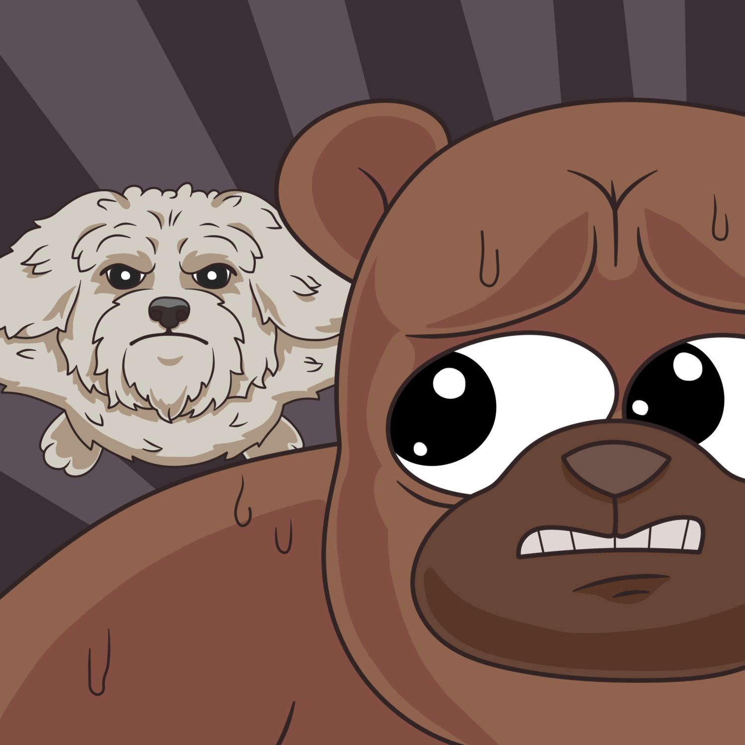 Brodie peeking out from behind a sweaty stressed bear