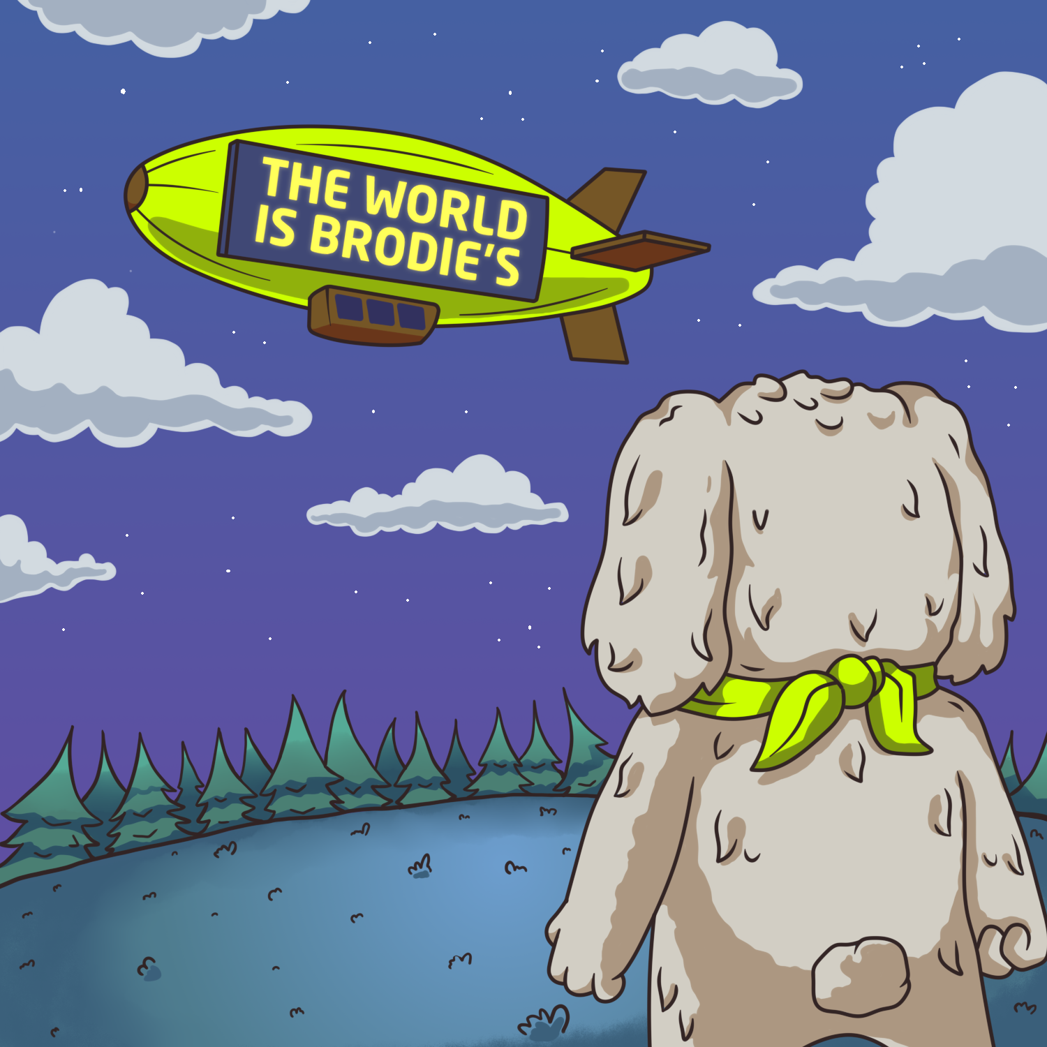 A blimp reading The World Is Brodies floating over Brodie by a lake at night