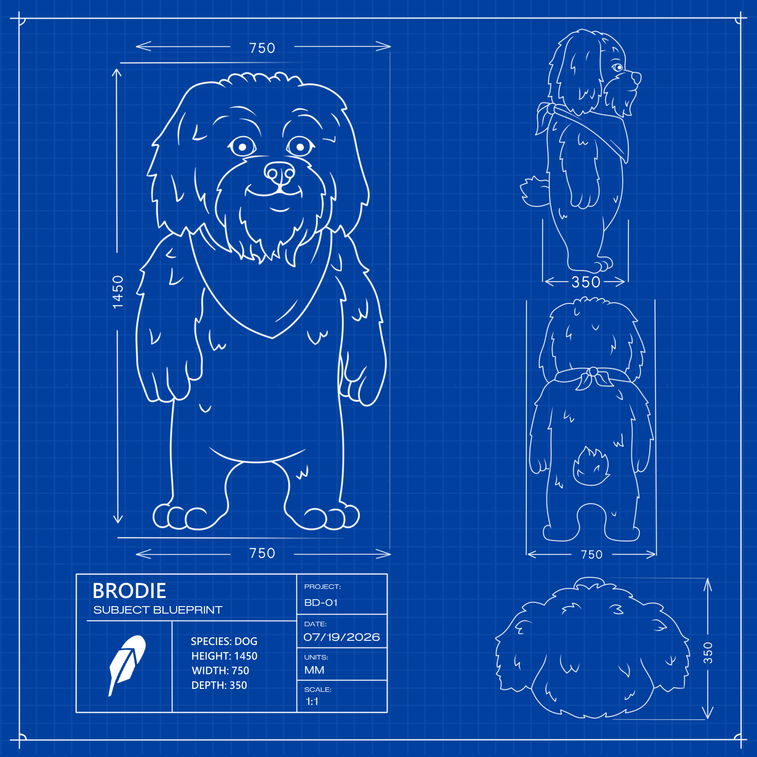 Technical blueprint schematic of Brodie labelled Subject Blueprint BD-01