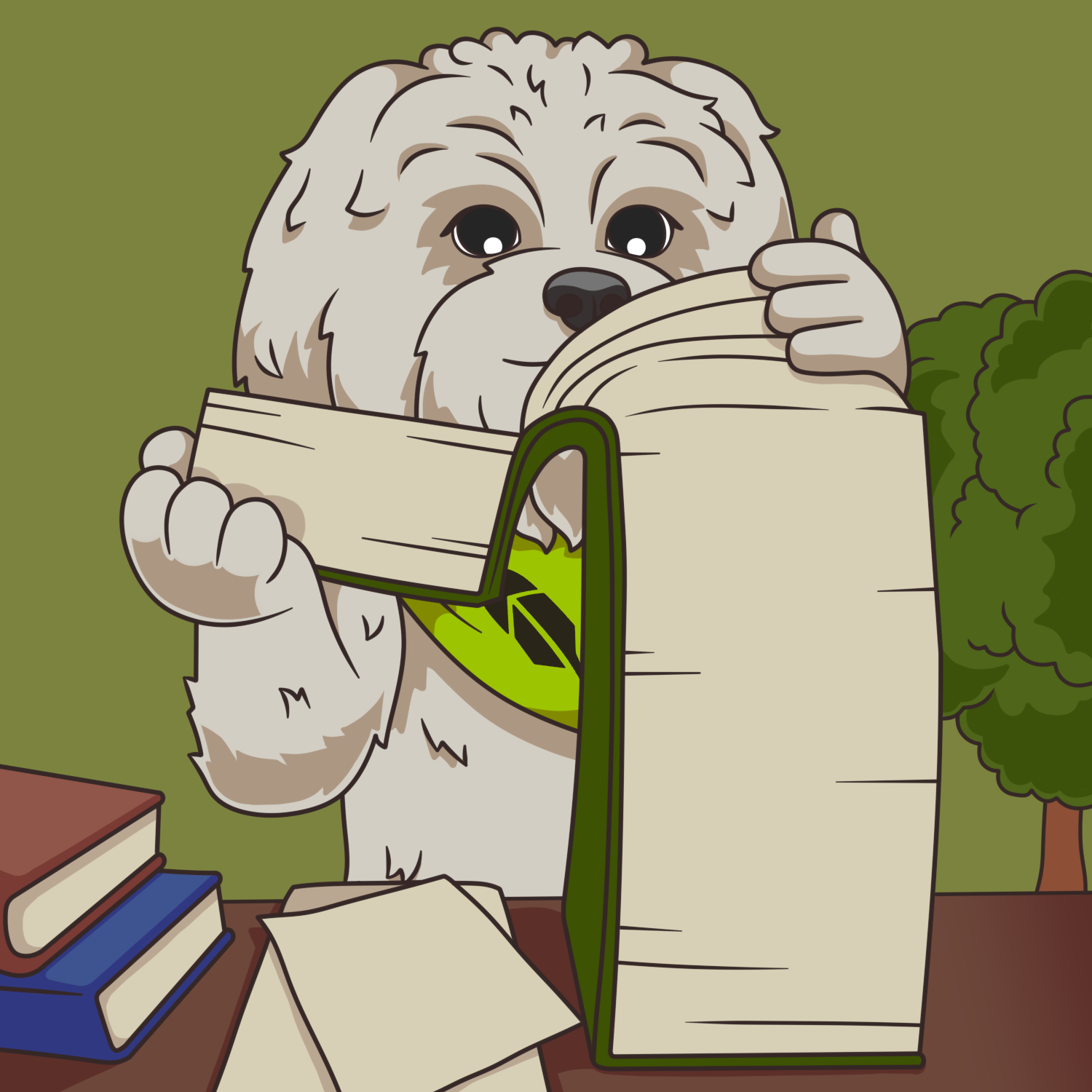 Brodie eating a green book at a desk stacked with books