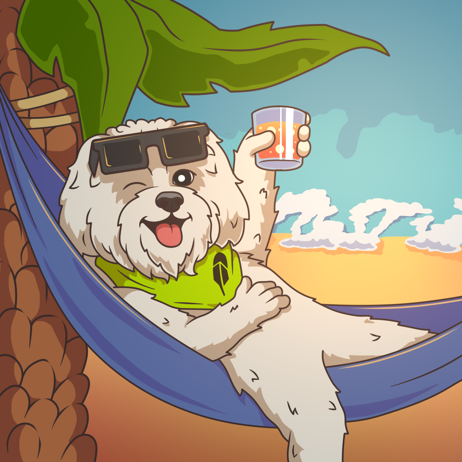 Brodie in sunglasses relaxing in a beach hammock with a drink
