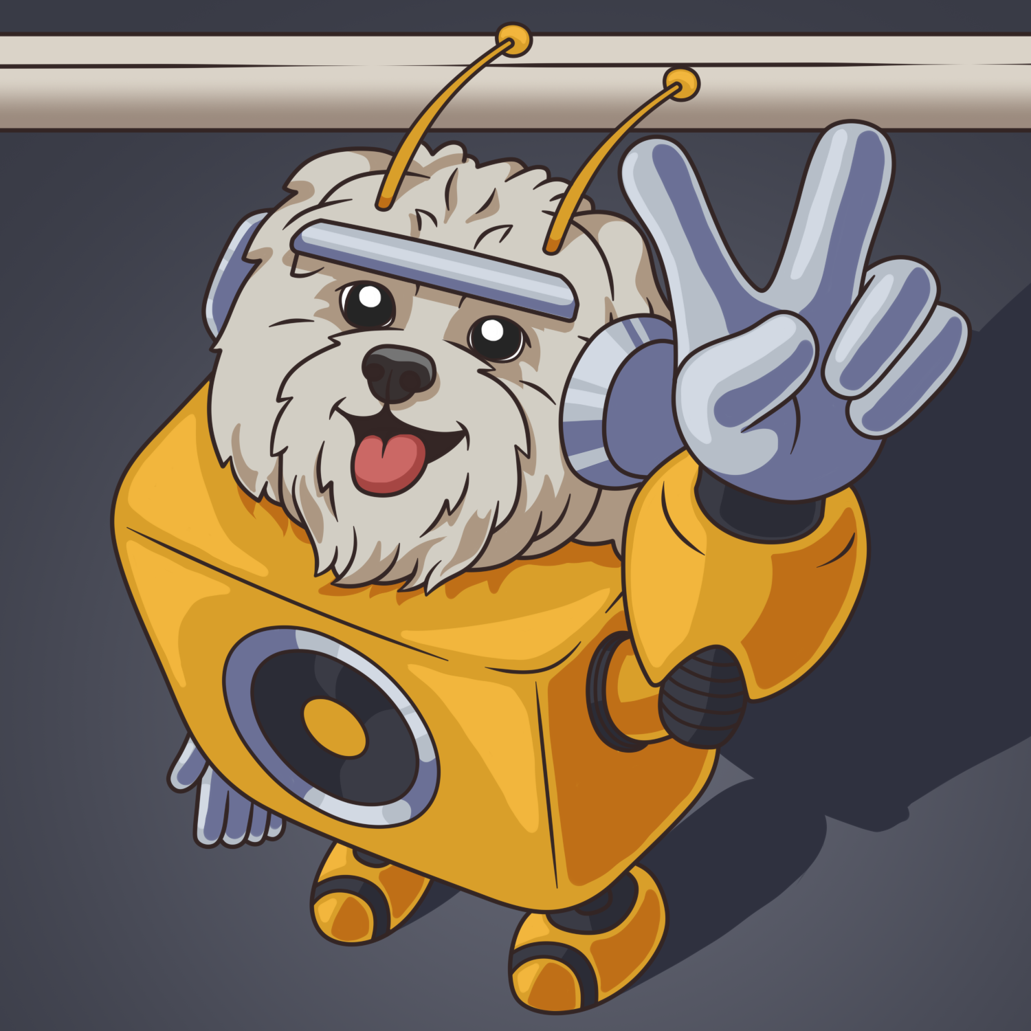 Brodie as a yellow boombox robot throwing up a peace sign