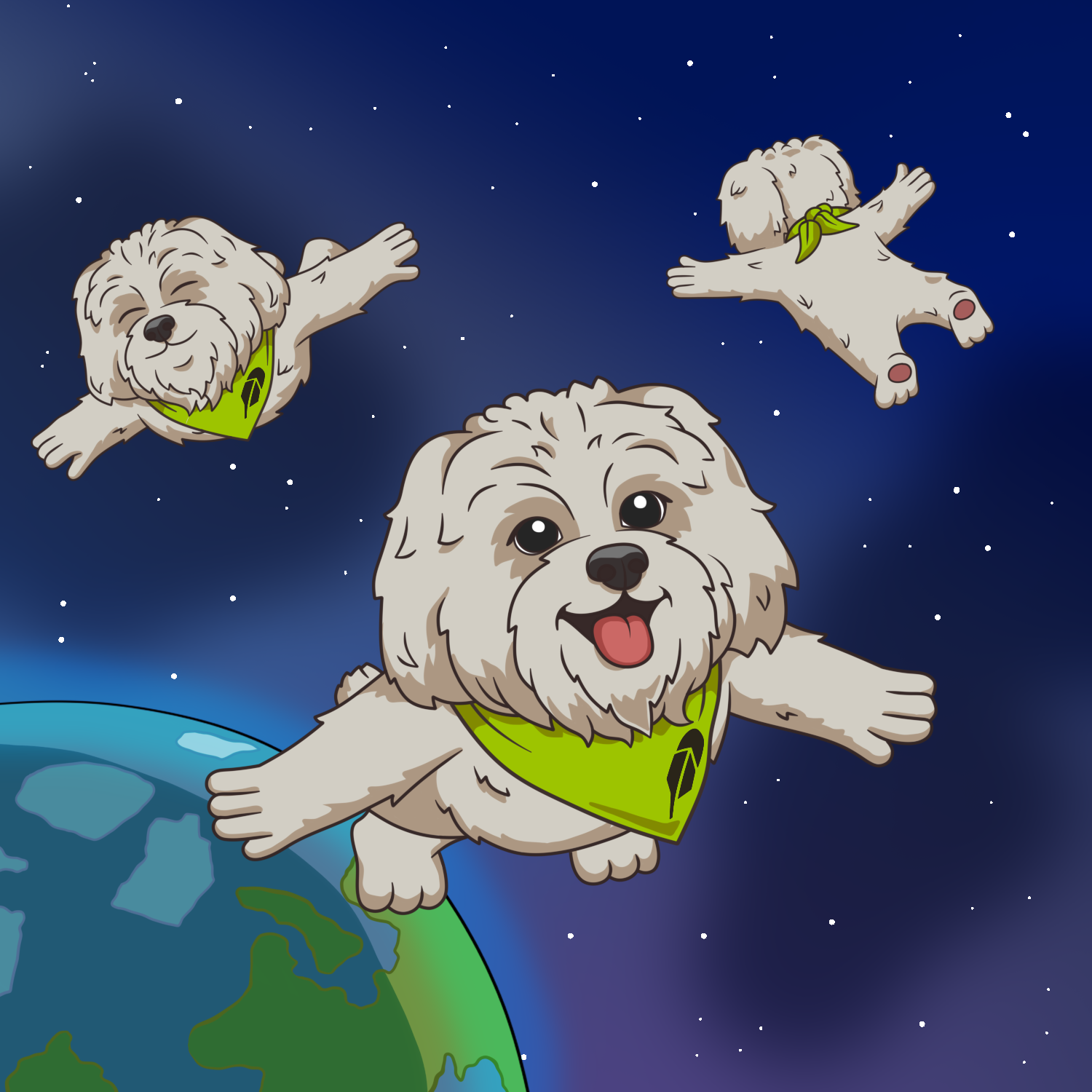 Three Brodies flying superman-style through space above Earth