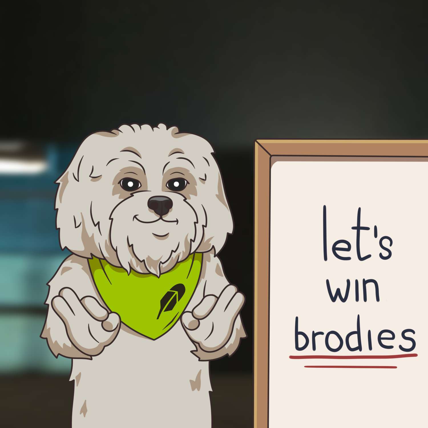 Brodie gesturing next to a whiteboard reading lets win brodies